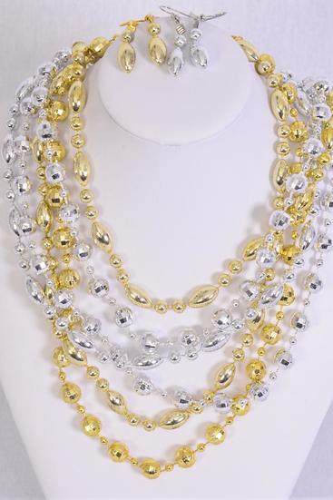 Necklace Sets 2 Strand Beads Gold Silver Mix / 12 pcs = Dozen Size - 18" Long , 4 Gold , 4 Silver , 4 Two tone Mix , Hang Tag & OPP Bag & UPC Code
