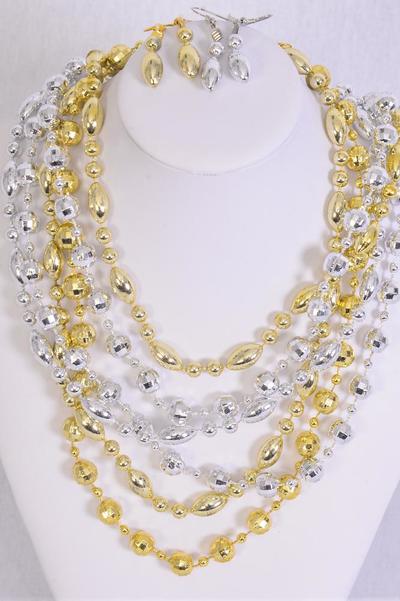Necklace Sets 2 Strand Beads Gold Silver Mix / 12 pcs = Dozen Size - 18" Long , 4 Gold , 4 Silver , 4 Two tone Mix , Hang Tag & OPP Bag & UPC Code