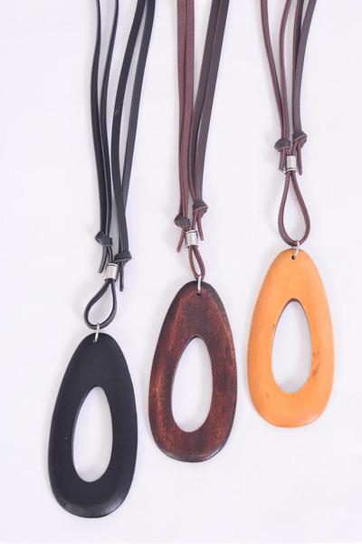 Mens Leather Necklace Wood Oval Pandent Browntone Color Asst / 12 pcs = Dozen  Adjustable , Pendant Size - 3.25" x 1.75" Wide , 4 of each Pattern Asst , Hang Tag & OPP Bag & UPC Code