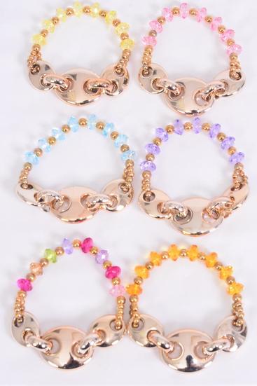 Bracelet Gold Chain Acrylic Beads Stretch Multi / 12 pcs = Dozen Stretch , 2 Multi , 2 Purple , 2 Pink , 2 Blue , 2 Orange , 1 Lime , 1 Yellow Color Asst , Hang Tag & OPP bag & UPC Code