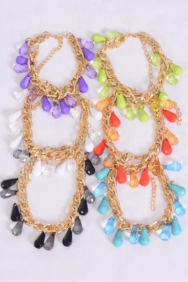 Bracelet Gold Chain Charm Acrylic Teardrop Multi / 12 pcs = Dozen  Adjustable , 2 Black , 2 Orange , 2 Lime , 2 Turquoise , 2 Lavender , 2 Clear Color Asst , Hang Tag & OPP Bag & UPC Code