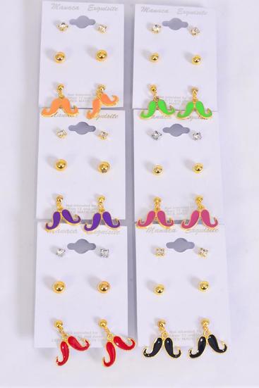 Earrings 3 pair Metal Enamel Mustache Studs Rhinestone Studs Mix Multi / 36 pair = Dozen Multi , Post , 2 of each Pattern Asst , Earring Card & OPP Bag & UPC Code
