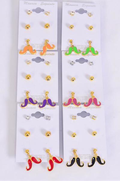 Earrings 3 pair Metal Enamel Mustache & Studs & Rhinestone Studs / 36 pair = Dozen Post , 2 of each Pattern Asst ,Earring Card & OPP Bag & UPC Code