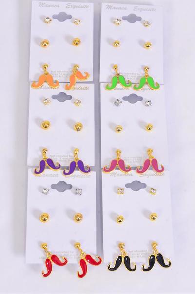 Earrings 3 pair Metal Enamel Mustache Studs Rhinestone Studs Mix Multi / 36 pair = Dozen Multi , Post , 2 of each Pattern Asst , Earring Card & OPP Bag & UPC Code