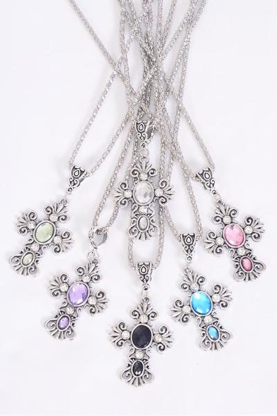 Necklace Silver Chain Cross Glass Diamond Cut Multi / 12 pc = Dozen match 03174 25001 Pendant - 1.75" x 1.25" Wide , 18" Extension Chain , 2 of each Color Asst , Hang Tag & OPP Bag & UPC Code