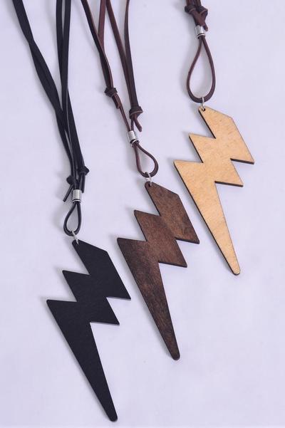 Mens Leather Necklace Wood Lightening Bolt Natural Color Asst / 12 pcs = Dozen Adjustable , Pendant Size - 4" x 1.75" Wide , 4 of each Color Asst , Hang Tag & OPP Bag & UPC Code