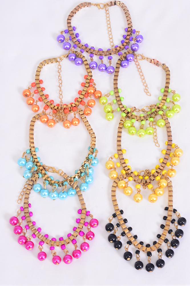 Charm Bracelet Gold Chain Style w 8 mm Glass Pearl Drops Multi / 12 pcs