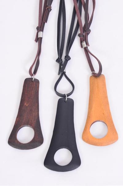 Mens Leather Necklace Oblong Wood Pendant / 12 pcs = Dozen Adjustable , Pendant Size - 2.5" x 1.75" Wide , 4 of each Color Asst , Hang Tag & OPP Bag & UPC Code