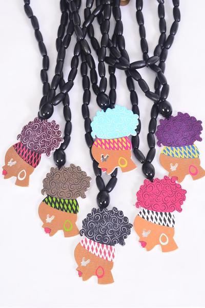 Necklace Wooden Beads Ethnic Afro Multi / 12 pcs = Dozen Face Size - 2.75" x 1.75" , 24" Long , 2 of each Color Asst , Hang Tag & OPP Bag & UPC Code
