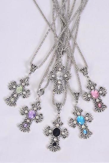 Necklace Silver Chain Cross Glass Diamond Cut Multi / 12 pc = Dozen match 03174 25001 Pendant - 1.75" x 1.25" Wide , 18" Extension Chain , 2 of each Color Asst , Hang Tag & OPP Bag & UPC Code