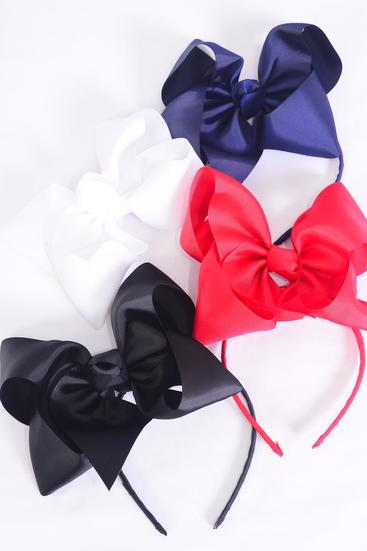 Headband Horseshoe Jumbo Grosgrain Bow-tie Red White Black Navy Mix / 12 pcs = Dozen Bow Size - 6" x 5" Wide , 3 Black , 3 White , 3 Red , 3 Navy Color Asst , Hang Tag & UPC Code , Clear Box
