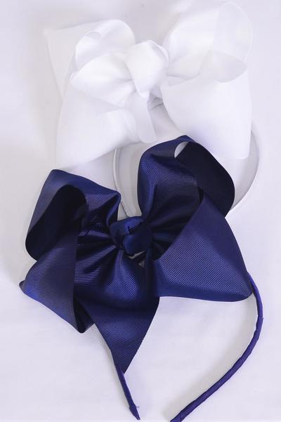 Headband Horseshoe Jumbo Grosgrain Bow-tie Navy White Mix / 12 pcs = Dozen Bow Size - 6" x 5" Wide , 6 Navy , 6 White Mix , Hang Tag & UPC Code , Clear Box