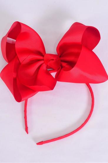 Headband Horseshoe Jumbo Grosgrain Bow-tie Red / 12 pcs = Dozen Red , Bow Size - 6" x 5" Wide , Hang Tag & UPC Code , Clear Box