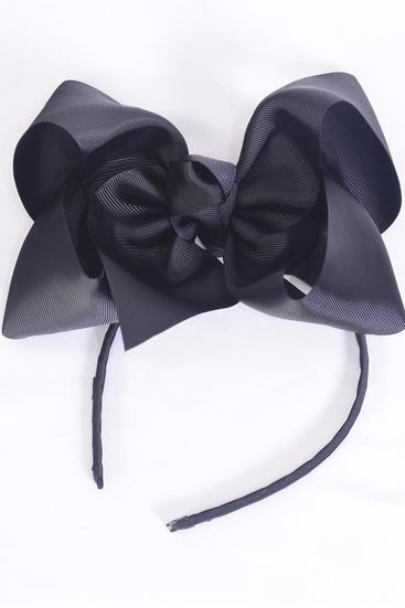 Headband Horseshoe Jumbo Grosgrain Bow-tie Black / 12 pcs = Dozen Bow Size-6"x 5" Wide , Hang Tag & UPC Code , Clear Box