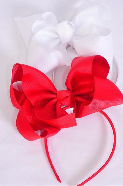 Headband Horseshoe Jumbo Grosgrain Bow-tie Red White Mix / 12 pcs = Dozen Bow Size-6"x 5" Wide , 6 White , 6 Red Mix , Hang Tag & UPC Code , Clear Box