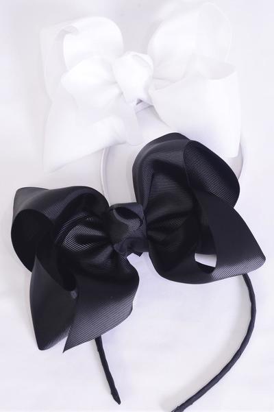 Headband Horseshoe Jumbo Grosgrain Bow-tie Black White Mix / 12 pcs = Dozen Bow Size - 6" x 5" , 6 Black , 6 White Mix , Hang Tag & UPC Code , Clear Box