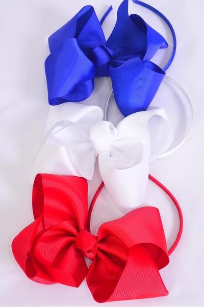 Headband Horseshoe Jumbo Patriotic Red White Royal Blue Mix Grosgrain Bow-tie / 12 pcs = Dozen Bow Size - 6" x 5" Wide , 4 Red , 4 White , 4 Royal Blue Color Asst , Hang Tag & UPC Code , Clear Box