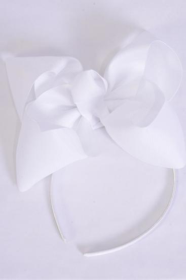 Headband Horseshoe Grosgrain Bow-tie White/DZ **White** Bow Size-6"x 5" Wide,Hang Tag & UPC Code,Clear Box