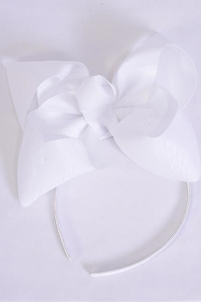 Headband Horseshoe Jumbo White Grosgrain Bow-tie / 12 pcs = Dozen  Bow Size - 6" x 5" Wide , Hang Tag & UPC Code , Clear Box