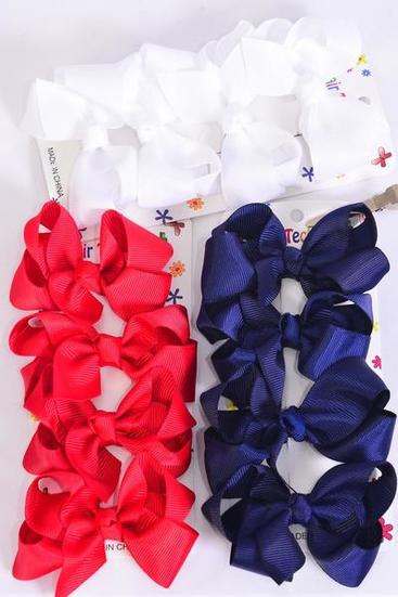 Hair Bows 48 pcs Grosgrain Bow-tie Red White Navy Mix / 12 card = Dozen Alligator Clip , Bow Size-3"x 2" Wide , 4 of each Color Asst , 4 pcs per card , 12 card = Dozen