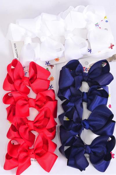 Hair Bows 48 pcs Grosgrain Bow-tie Red White Navy Mix / 12 card = Dozen Alligator Clip , Bow Size-3"x 2" Wide , 4 of each Color Asst , 4 pcs per card , 12 card = Dozen