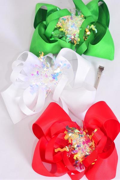 Hair Bow Jumbo XMAS Iridescent Grosgrain Bow-tie / 12 pcs Bow = Dozen Christmas , Alligator Clip , Bow-6"x 6" Wide , 4 Of each Color Asst , Clip Strip & UPC Code