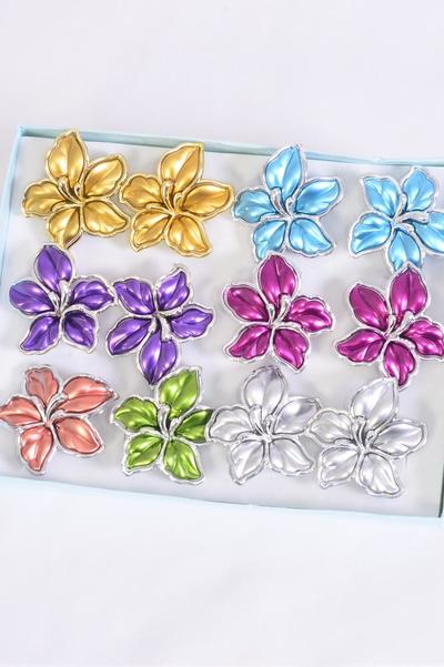 Rings Poly Metallic Flower Lily Flower Multi Aloha / 12 pcs = Dozen Adjustable , Flower Size - 1.75" Wide , 2 Fuchsia , 2 Blue , 2 Gold , 2 Silver , 2 Purple , 1 Lime , 1 Orange Color Asst