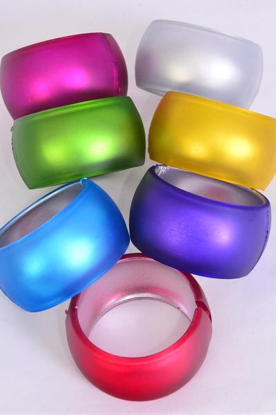 Bracelet Bangle Acrylic Wide Hinge Multi Matte Finish /12 pcs = Dozen   Hinge , Size - 2.75" x 1.75" Dia Wide , 2 Silver ,2 Fuchsia ,2 Blue ,2 Purple ,2 Red ,1 Green,1 Yellow Color Mix , Hang Tag & OPP Bag & UPC Code