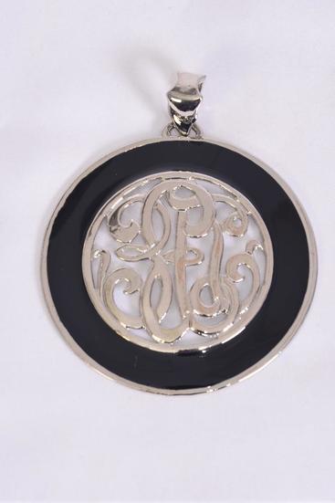 Pendant Initial Round Shape Enamel Silver Black / 12 pcs = Dozen  Black Silver , Size - 2.5" Wide , W OPP Bag