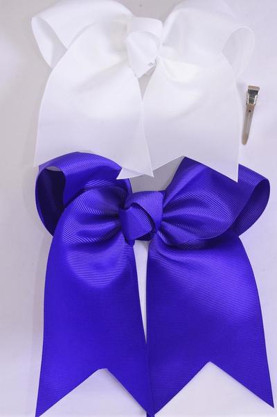 Hair Bow Extra Jumbo Long Tail Cheer Type Bow Purple & White Mix Grosgrain Bow-tie /  12 pcs Bow = Dozen Alligator Clip , Size-6.5"x 6" , 6 Purple , 6 White Color Asst , Clip Strip & UPC Code
