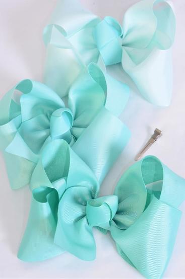 Hair Bow Extra Jumbo Cheer Type Bow Mint Green Mix Grosgrain Bow-tie / 12 pcs Bow = Dozen Alligator Clip , Size - 8" x 7" Wide , 4 Tropic , 4 Aqua , 4 Mintgreen Color Asst , Clip Strip & UPC Code