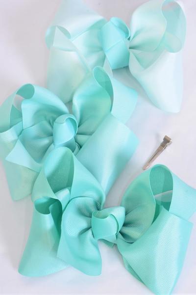 Hair Bow Extra Jumbo Cheer Type Bow Mint Green Mix Grosgrain Bow-tie / 12 pcs Bow = Dozen Alligator Clip , Size - 8" x 7" Wide , 4 Tropic , 4 Aqua , 4 Mintgreen Color Asst , Clip Strip & UPC Code
