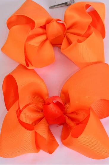Hair Bow Jumbo Orange Mix Grosgrain Fabric Bow-tie / 12 pcs Bow = Dozen Orange Mix , Alligator Clip , Size - 6" x 5" Wide , 6 Tangerine , 6 Autumn Mix , Clip Strip & UPC Code