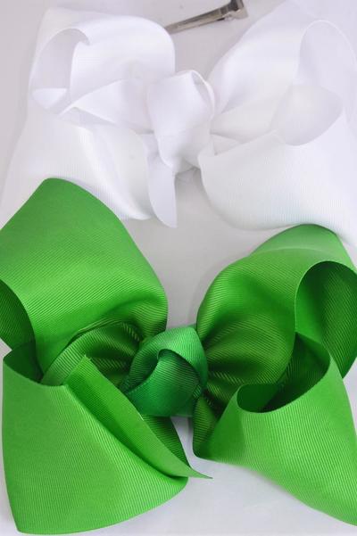 Hair Bow Extra Jumbo Cheer Type Bow Xmas or Kelly Green & White Mix Grosgrain Bow-tie / 12 pcs Bow = Dozen  Alligator Clip , Size- 8"x 7" Wide , 6 Kelly Green , 6 White Color Asst , Clip Strip & UPC Code