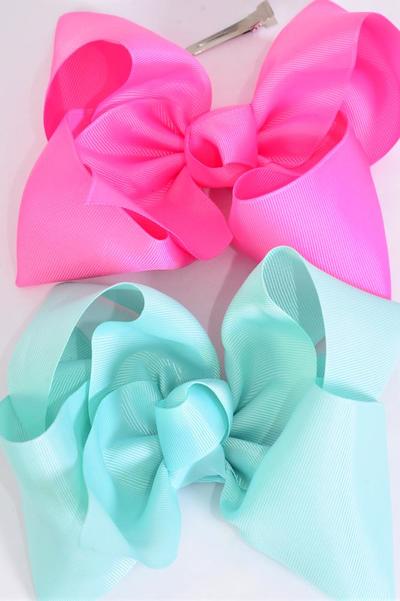 Hair Bow Jumbo Hot Pink Aqua Color Mix Grosgrain Bow-tie / 12 pcs Bow = Dozen Alligator Clip , Size - 6" x 5" Wide , 6 Hot Pink , 6 Aqua Color Asst , Clip Strip & UPC Code