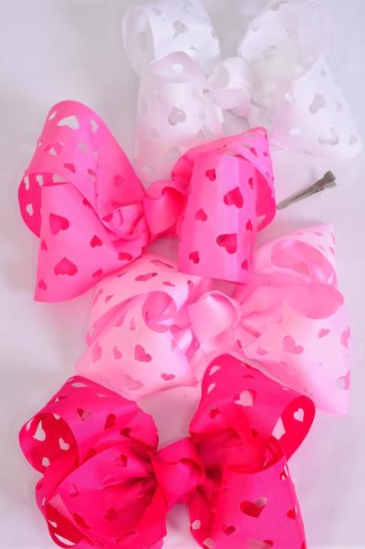 Hair Bow Extra Jumbo Cheer Type Bow Heart Pink Mix Grosgrain Bow-tie/DZ Alligator Clip,Bow-8"x 7" Wide,3 Baby Pink,3 Hot Pink,3 Fuchsia,3 White Mix,Clip Strip & UPC Code
