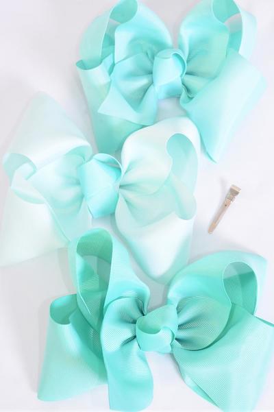 Hair Bow Jumbo Mint Green Mix Grosgrain Fabric Bow-tie / 12 pcs Bow = Dozen Mint Green Mix , Alligator Clip , Size-6"x 5" Wide , 4 Tropic , 4 Aqua ,4 Mint Green Color Asst , Clip Strip & UPC Code