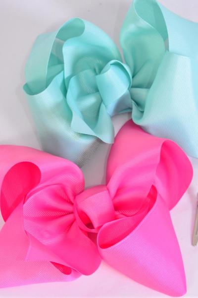 Hair Bow Extra Jumbo Cheer Type Bow Hot Pink Aqua Mix Grosgrain Bow-tie / 12 pcs Bow = Dozen   Alligator Clip , Size - 8" x 7" Wide , 6 Hot Pink , 6 Aqua Color Asst , Clip Strip & UPC Code-