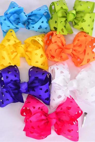 Hair Bow Jumbo Heart Grosgrain Bow-tie Citrus / 12 pcs Bow = Dozen Alligator Clip , Size-6"x 5" Wide ,2 White ,2 Fuchsia ,2 Purple ,2 Yellow ,2 Blue ,1 Lime ,1 Orange Color Asst , Clip Strip & UPC Code
