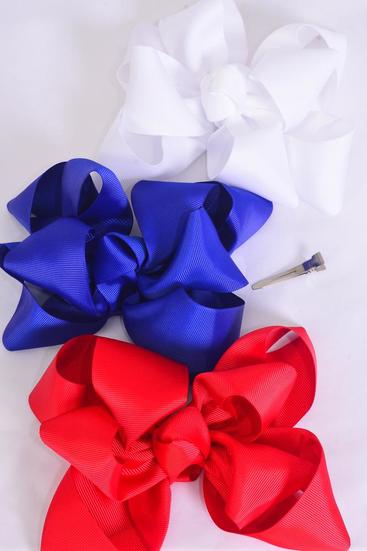 Hair Bow Jumbo Cheer Type Bow Red White Royal Blue Mix Grosgrain Bow-tie / 12 pcs Bow = Dozen  Alligator Clip , Bow - 6" x 6" Wide , 4 of each Pattern Asst , Clip Strip & UPC Code
