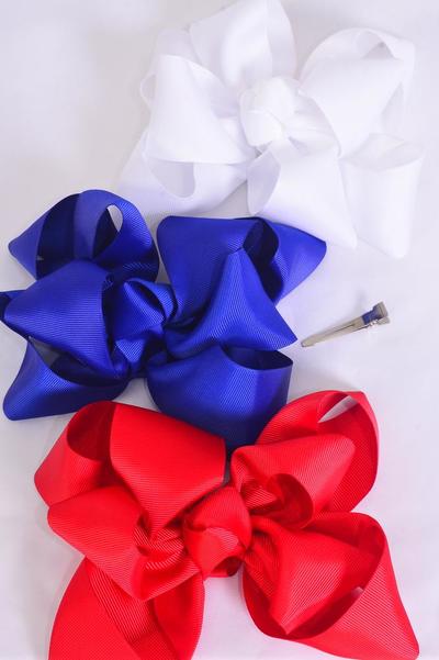 Hair Bow Jumbo Cheer Type Bow Red White Royal Blue Mix Grosgrain Bow-tie / 12 pcs Bow = Dozen  Alligator Clip , Bow - 6" x 6" Wide , 4 of each Pattern Asst , Clip Strip & UPC Code