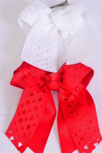 Hair Bow Extra Jumbo Long Tail Cheer Type Bow Double Layered Heart Grosgrain Bow-tie Red White Mix / 12 pcs Bow = Dozen  Alligator Clip , Size - 6.5" x 6" Wide , 6 Red , 6 White Asst , Clip Strip & UPC Code