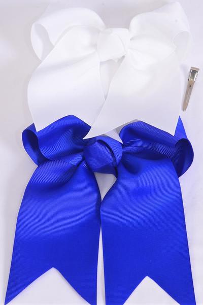 Hair Bow Extra Jumbo Long Tail Cheer Type Bow Royal Blue & White Grosgrain Bow-tie / 12 pcs Bow = Dozen Alligator Clip , Size-6.5"x 6" Wide , 6 of each Color Asst , Clip Strip & UPC Code          