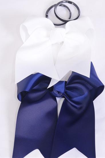 Hair Bow Extra Jumbo Long Tail Cheer Type Bow Elastic Navy & White Mix Grosgrain Bow-tie / 12 pcs Bow = Dozen  Elastic , Size - 6.5" x 6" , 6 Navy , 6 White Color Asst , Clip Strip & UPC Code