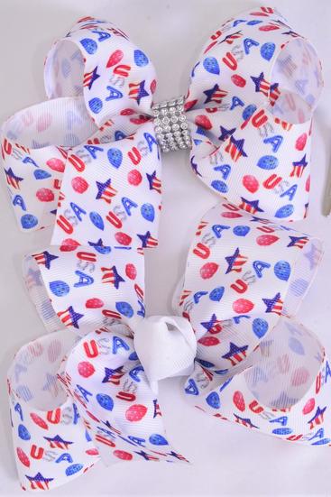 Hair Bow Jumbo Patriotic USA Grosgrain Bow-tie / 12 pcs Bow = Dozen Alligator Clip , Size - 6" x 5" Wide , 6 Of each Pattern Mix , Clip Strip & UPC Code