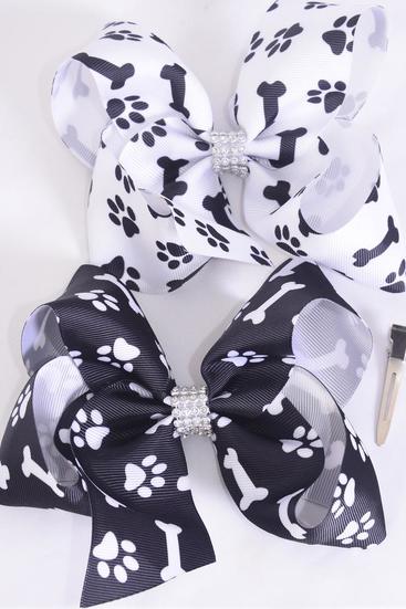 Hair Bow Jumbo Paw and Dog Bone Print Grosgrain Bow-tie / 12 pcs Bow = Dozen Paw Print , Alligator Clip , Bow - 6" x 5" Wide , 6 of each Pattern Asst , Clip Strip & UPC Code