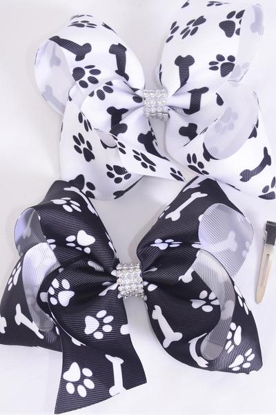 Hair Bow Jumbo Paw and Dog Bone Print Grosgrain Bow-tie / 12 pcs Bow = Dozen Paw Print , Alligator Clip , Bow - 6" x 5" Wide , 6 of each Pattern Asst , Clip Strip & UPC Code