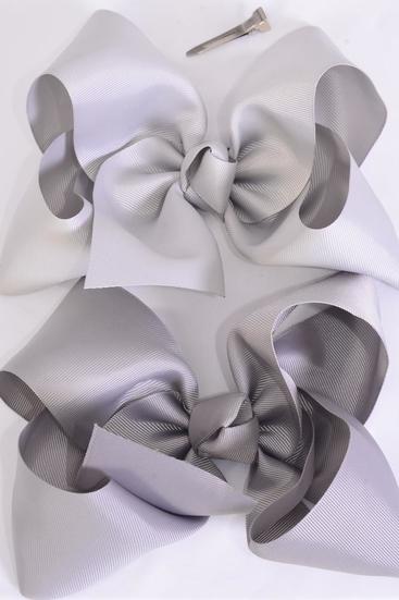 Hair Bow Jumbo 2 Gray color mix Grosgrain Bow-tie / 12 pcs = Dozen Gray Mix , Alligator Clip , Size - 6" x 5" Wide , 6 Shell Gray , 6 Gray Color Asst , Clip Strip & UPC Code