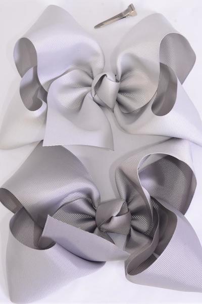 Hair Bow Jumbo 2 Gray color mix Grosgrain Bow-tie / 12 pcs = Dozen Gray Mix , Alligator Clip , Size - 6" x 5" Wide , 6 Shell Gray , 6 Gray Color Asst , Clip Strip & UPC Code