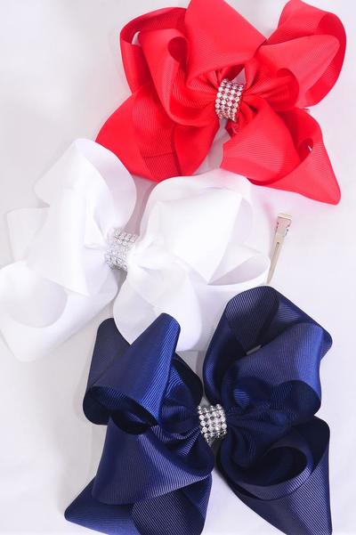 Hair Bow Jumbo Windmill Cheer Bow Type Double Layered Red White Navy Grosgrain Bow-tie / 12 pcs Bow = Dozen Alligator Clip , Size - 6.5" x 6.5" Wide , 4 of each Pattern Mix , Clip Strip & UPC Code